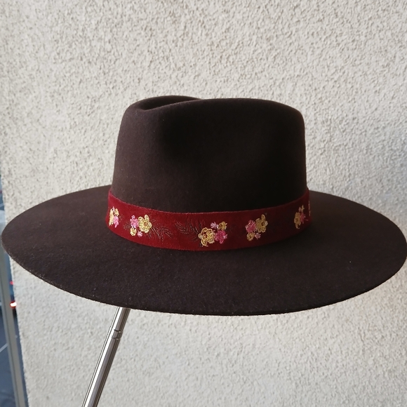 Women's WYETH Frida Kahlo Brown WOOL Wide Brim FEDORA HAT Floral Band BOHO Ranch - Picture 8 of 10